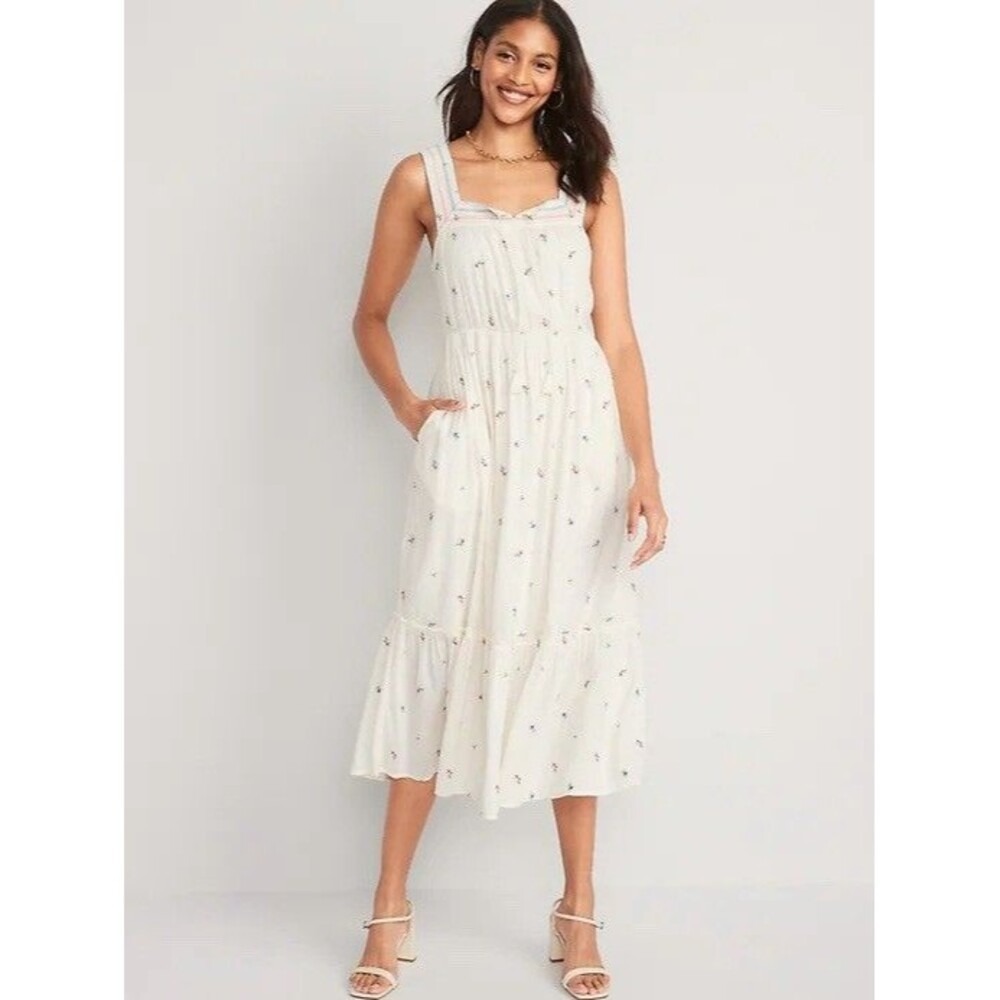 Old Navy Midi Dress Womens XL White Floral Embroidered Cottagecore Boho Summer